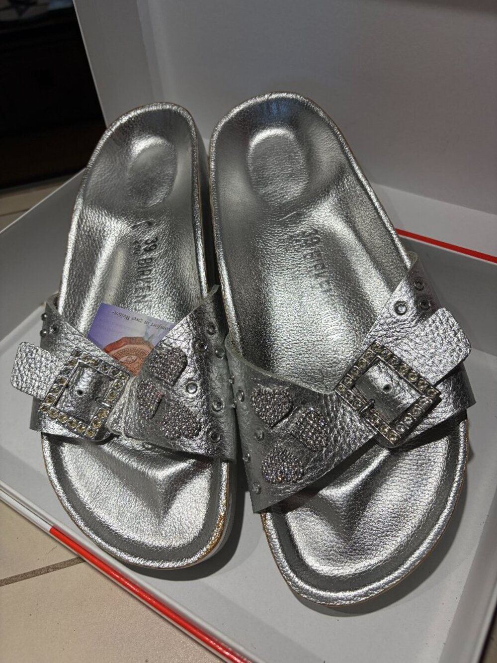 RARE Birkenstock Heidi Klum Crystal Heart Sandals Silver Leather EU 39 NEW Box